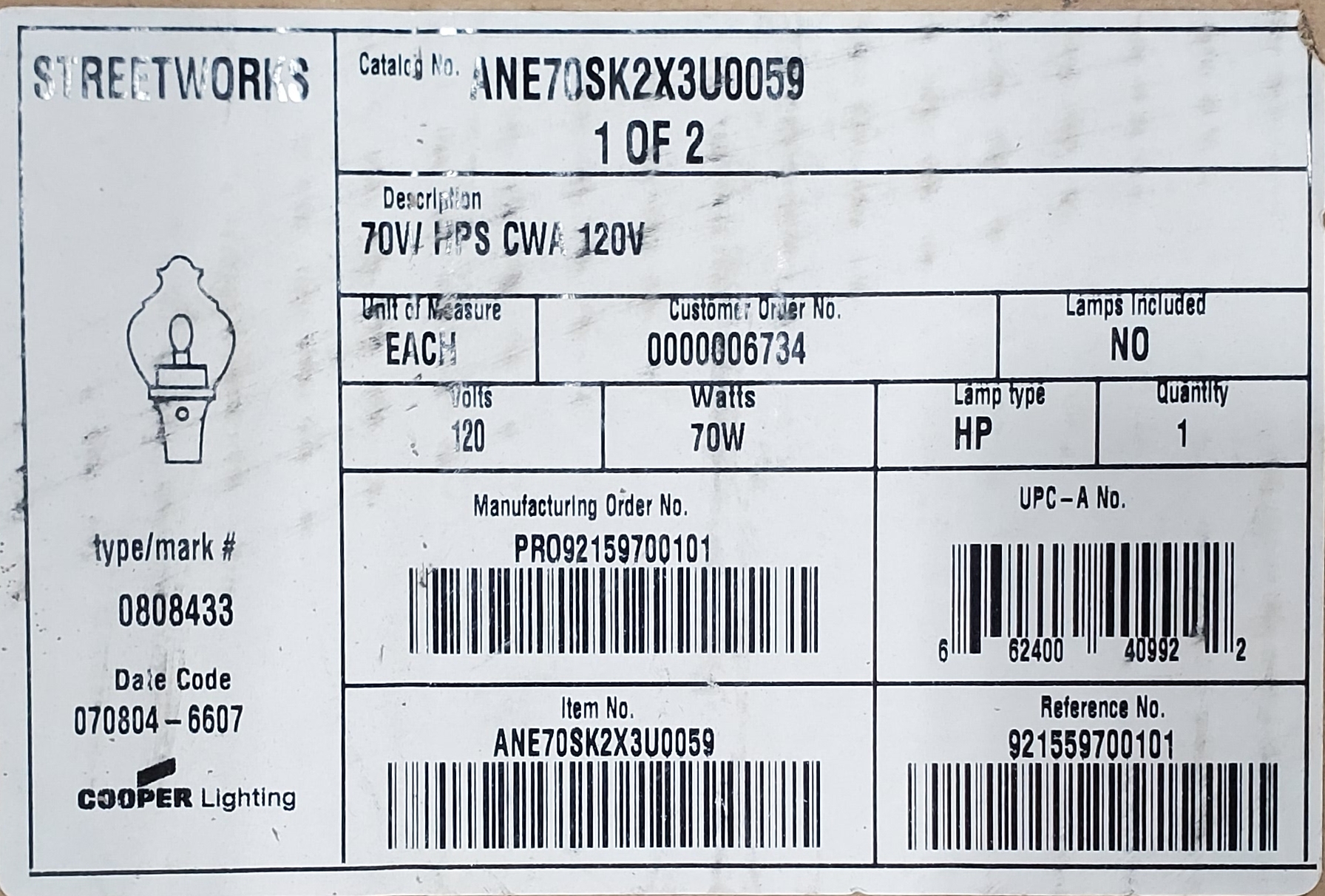 LUMINAIRE, EDISON PT HPS REA BLK 70W TO